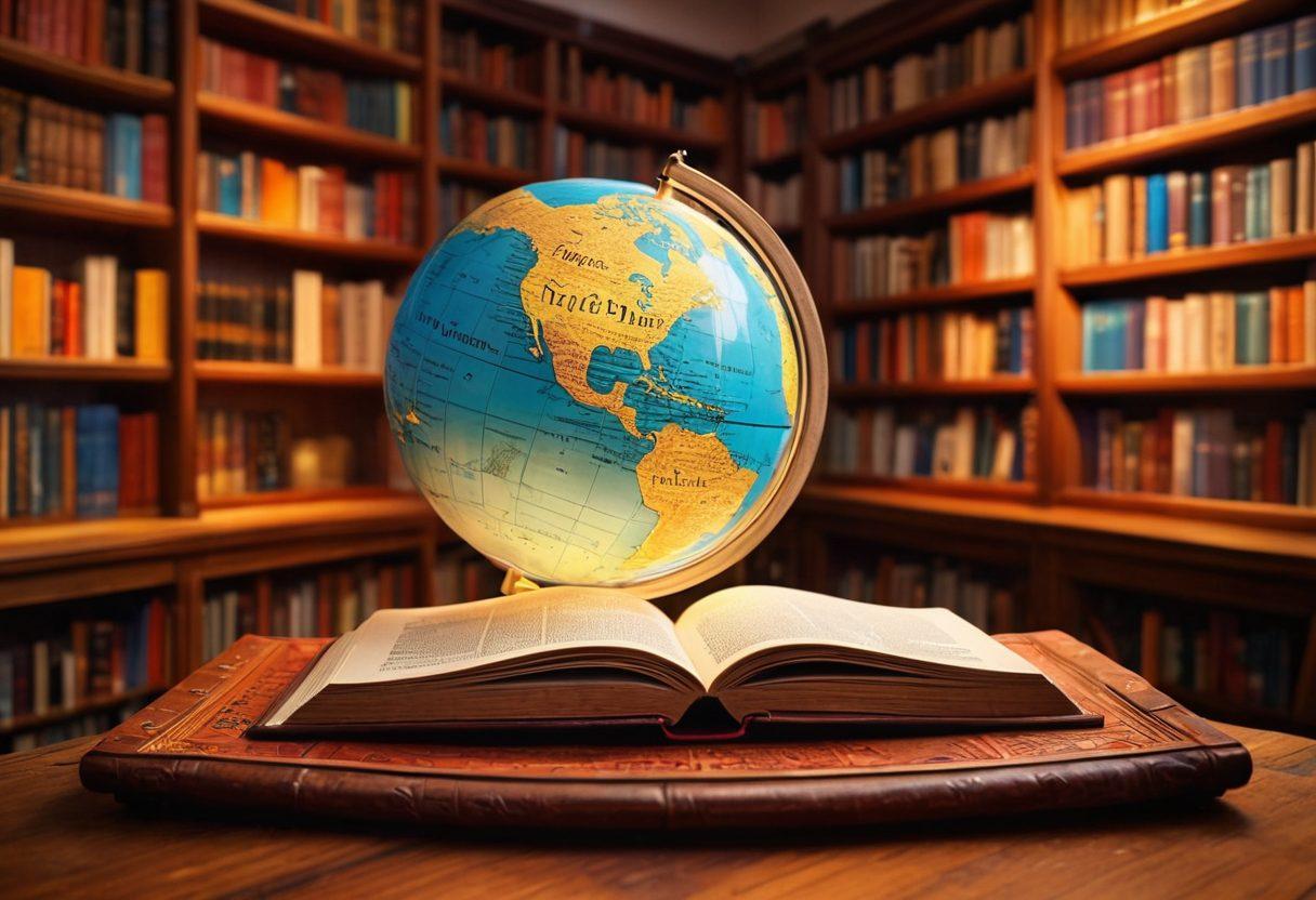A visually-rich library filled with books on various languages, surrounded by colorful word clouds illustrating terminology in different scripts. An open book lies on a wooden table with illuminated pages, and a globe slightly off to one side adds a sense of exploration. Warm lighting emphasizes the cozy and scholarly atmosphere. ultra-realistic. vibrant colors. soft focus.