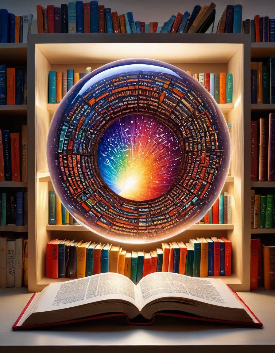A vibrant bookshelf filled with colorful linguistic resources like dictionaries, thesauruses, and language tools, with floating words and phrases emerging from the books. A hand reaching towards a glowing orb symbolizing enhanced vocabulary and knowledge. A bright, inspiring atmosphere with a light burst in the background. super-realistic. vibrant colors. white background.