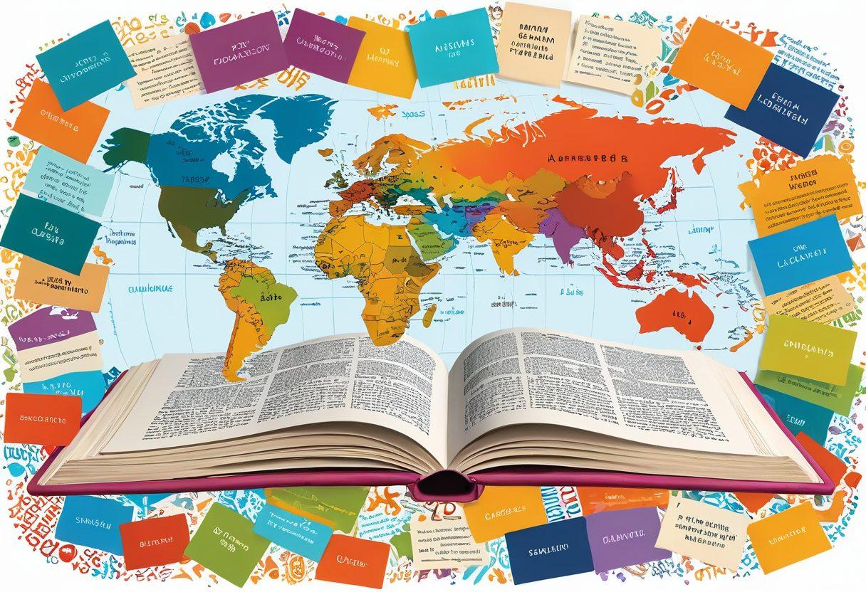 An open book filled with colorful glossaries, surrounded by various linguistic resources like dictionaries, thesauri, and language flashcards. In the background, a diverse group of people engaged in learning different languages, showcasing a vibrant world map filled with language symbols. The overall atmosphere should feel inspiring and educational. bright colors. vector art. white background.